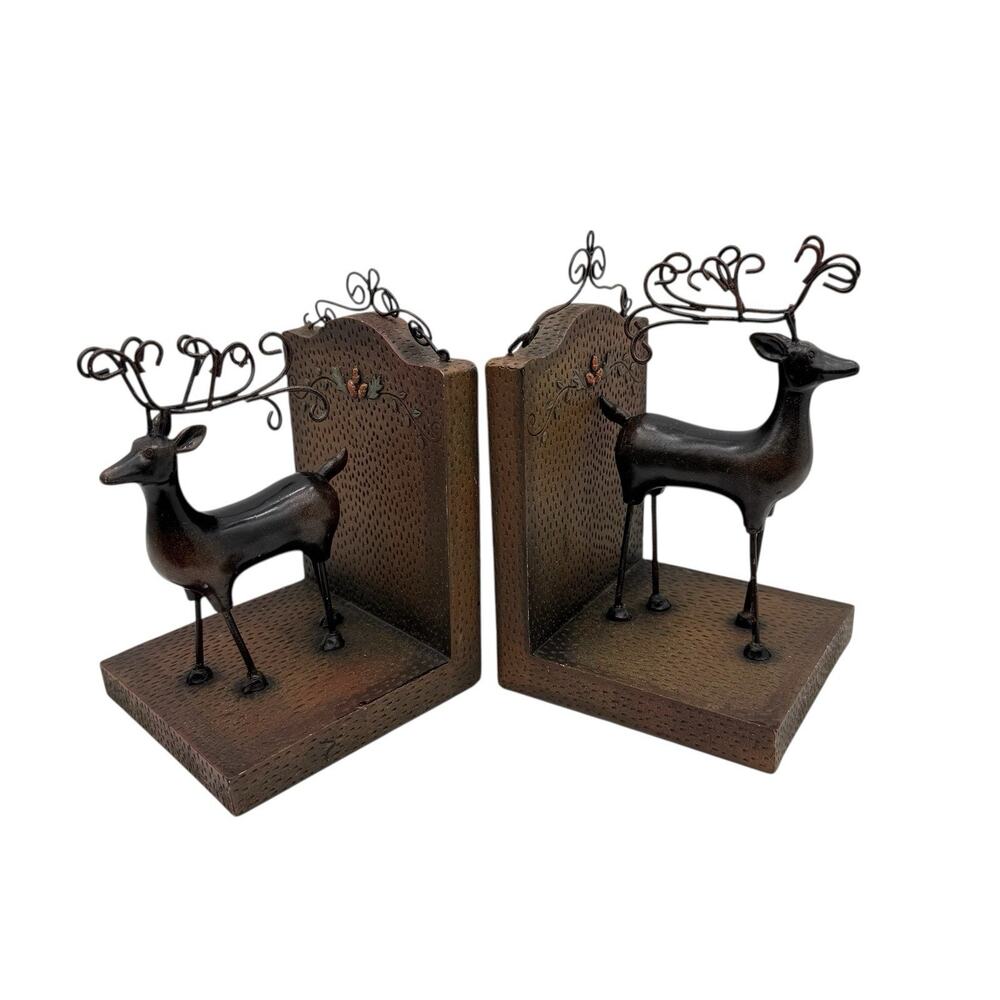 Pair Reindeer Resin & Metal Bookends Christmas Rustic Cottage Vintage Read